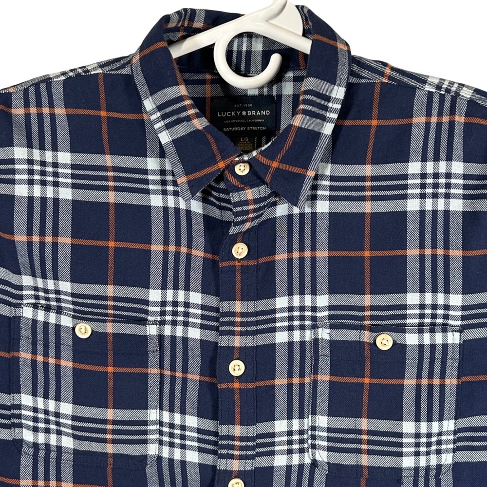 Lucky Brand Saturday Stretch Mens Large Navy Blue Orange Plaid Button Down Shirt